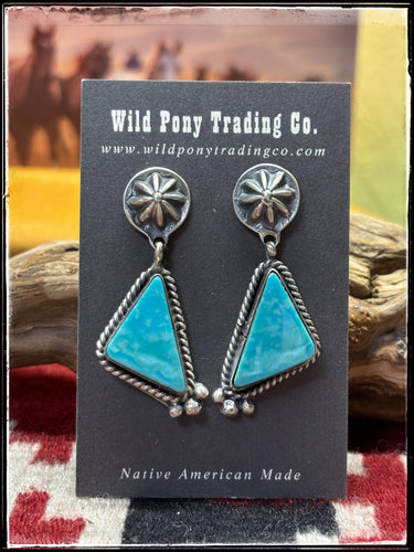 Robinson Martinez, Navajo silversmith.  Sterling silver and Kingman turquoise starshot earrings. 