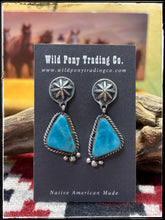 Load image into Gallery viewer, Robinson Martinez, Navajo silversmith.  Sterling silver and Kingman turquoise starshot earrings. 
