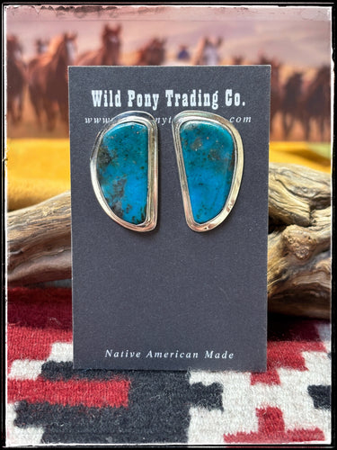 Tommy Jackson, Navajo silversmith.  Sterling silver and Kingman turquoise half moon large stud earrings. 