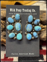 Load image into Gallery viewer, Ernest Bo Reeder, Navajo silversmith.  Sterling silver and Golden Hills turquoise, half cluster earrings.  
