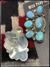 Load image into Gallery viewer, Ernest Bo Reeder, Navajo silversmith.  Sterling silver and Golden Hills turquoise, half cluster earrings.   Hallmark stamp. 
