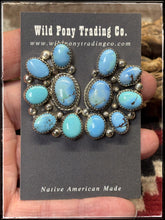 Load image into Gallery viewer, Ernest Bo Reeder, Navajo silversmith.  Sterling silver and Golden Hills turquoise, half cluster earrings.  
