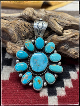 Load image into Gallery viewer, Sheila Becenti, Navajo silversmith.  Sterling silver and kingman turquoise cluster pendant.
