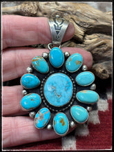 Load image into Gallery viewer, Sheila Becenti, Navajo silversmith.  Sterling silver and kingman turquoise cluster pendant.
