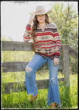 Load image into Gallery viewer, Button up, long sleeve, reds and neutrals soft winter cardigan sweater. 
