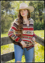 Load image into Gallery viewer, Button up, long sleeve, reds and neutrals soft winter cardigan sweater. 
