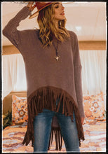 Load image into Gallery viewer, Brown, waffle knit top with high low hem and fringe on the hem.  Has drop shoulder and long sleeves. 
