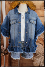 Load image into Gallery viewer, A cute denim jacket with ruffle 1/2 sleeves and raw edge hem.  
