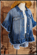 Load image into Gallery viewer, A cute denim jacket with ruffle 1/2 sleeves and raw edge hem.  
