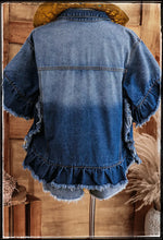 Load image into Gallery viewer, A cute denim jacket with ruffle 1/2 sleeves and raw edge hem.  
