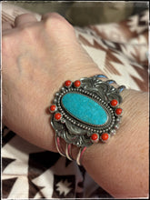 Load image into Gallery viewer, Ernest &quot;Bo&quot; Reeder, Navajo silversmith. Turquoise and coral triple slit shank cuff. 
