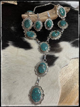 Load image into Gallery viewer, Ernest &quot;Bo&quot; Reeder Navajo silversmith. Hubei turquoise Y necklace and earring set
