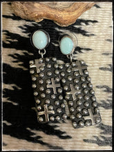 Load image into Gallery viewer, Geneva Apachito, sterling silver and Dry Creek turquoise post earrings with the Dot &amp; Cross pattern
