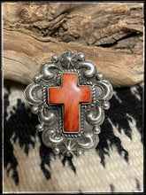 Load image into Gallery viewer, Sterling silver and stone/shell cross rings from Navajo silversmith Richard Jim - orange spiny
