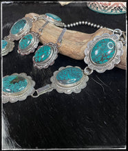 Load image into Gallery viewer, Ernest &quot;Bo&quot; Reeder Navajo silversmith. Hubei turquoise Y necklace and earring set
