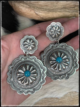 Load image into Gallery viewer, Arnold Blackgoat sterling silver concho earrings with turquoise
