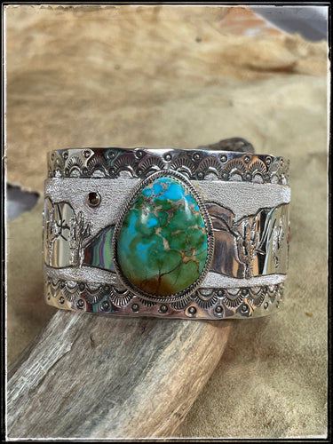 Ernest Bo Reeder multi layer cactus cuff with turquoise and 14K gold sun