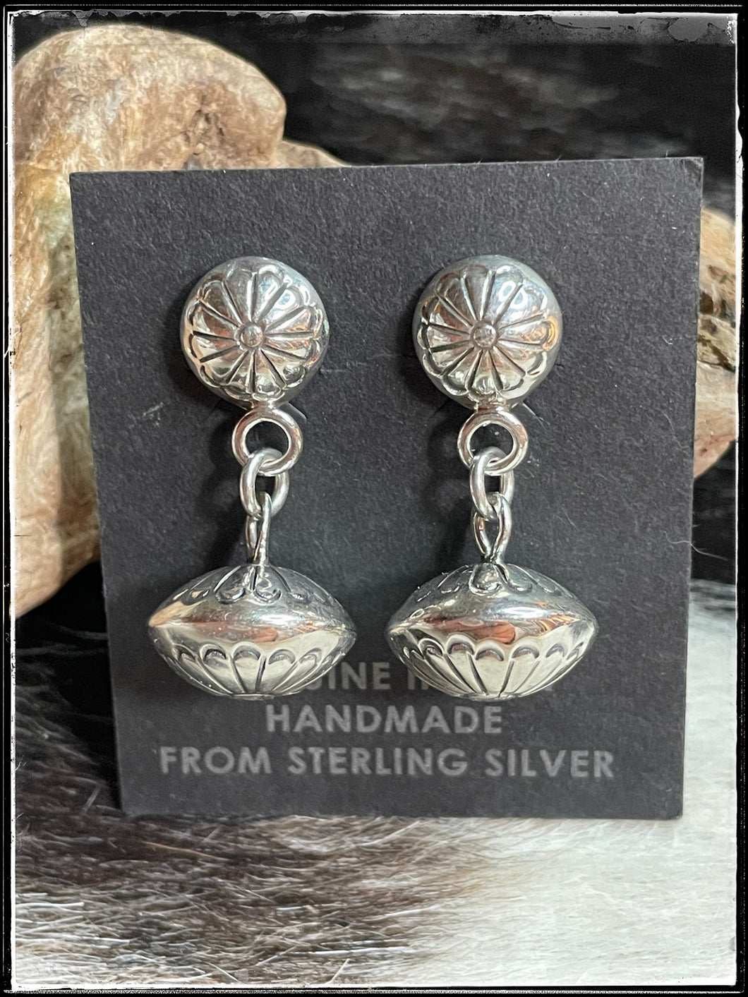 Hand stamped, hand made button post and drop bead earrings