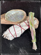 Load image into Gallery viewer, White sage, sweetgrass, and miniature abalone shell smudging kit 
