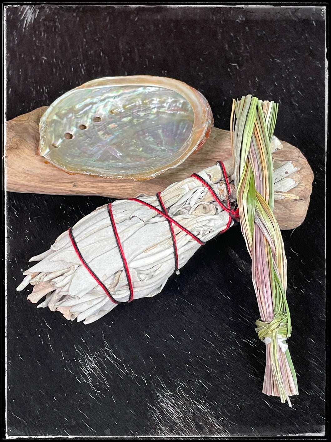 White sage, sweetgrass, and miniature abalone shell smudging kit 