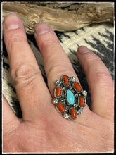 Load image into Gallery viewer, Priscilla Reeder, sterling silver and coral  and turquoise cluster ring, sz. 8
