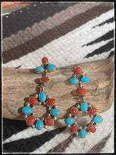 Load image into Gallery viewer, Sterling silver, turquoise and coral earrings from Navajo silversmith Fred Peters.
