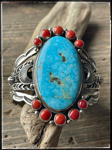 Aaron Toadlena Sterling silver, turquoise and coral cuff