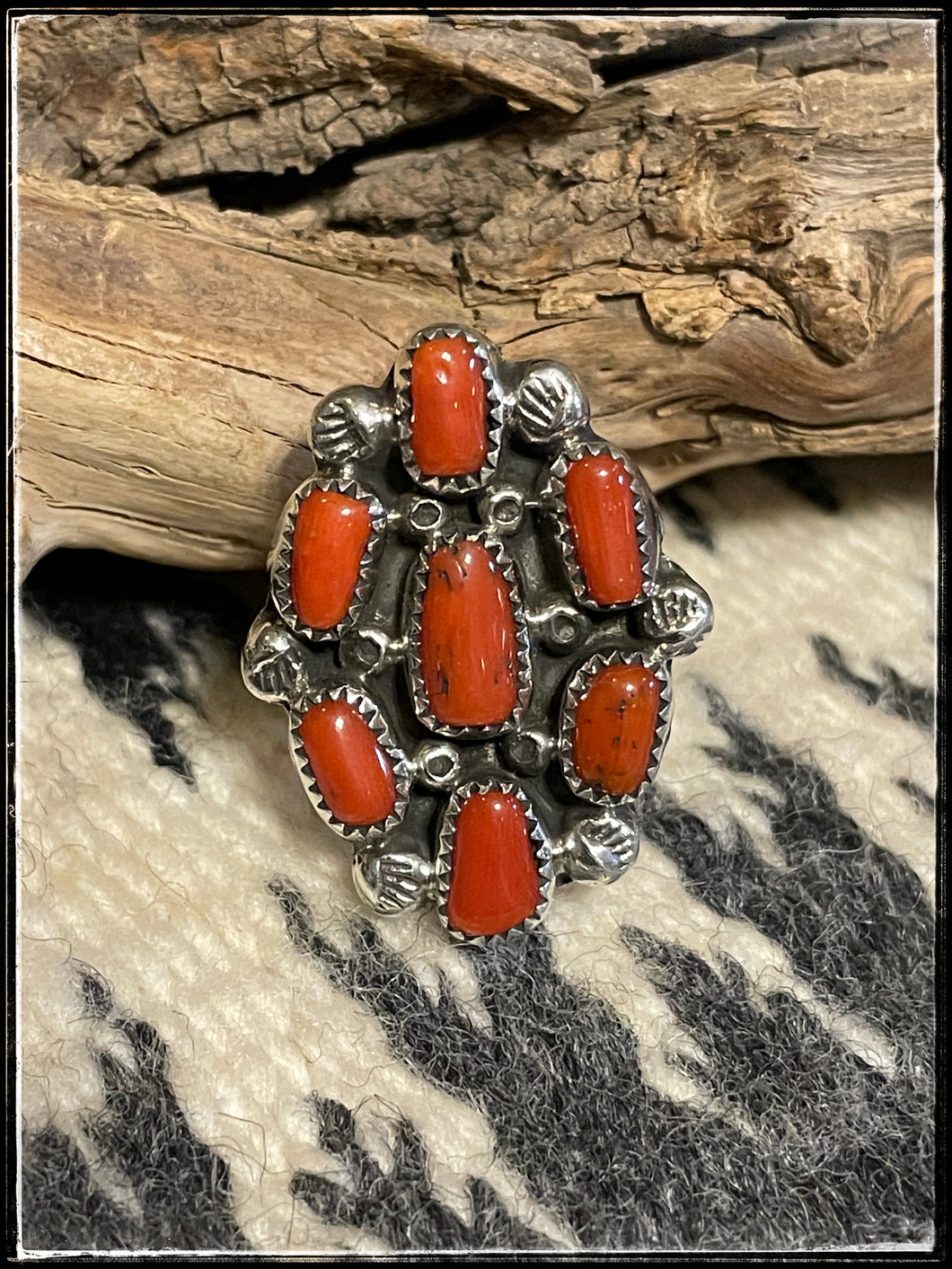 Priscilla Reeder, sterling silver and coral cluster ring, sz. 9