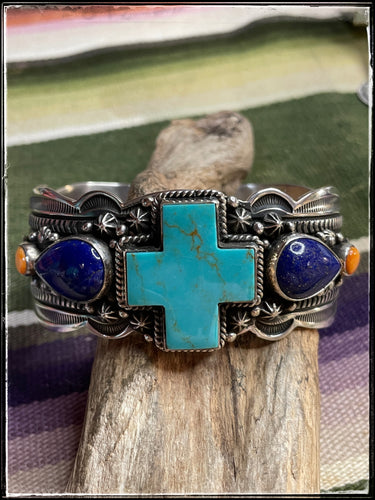Happy Piasso sterling silver, Kingman turquoise, lapis, and spiny oyster cross cuff