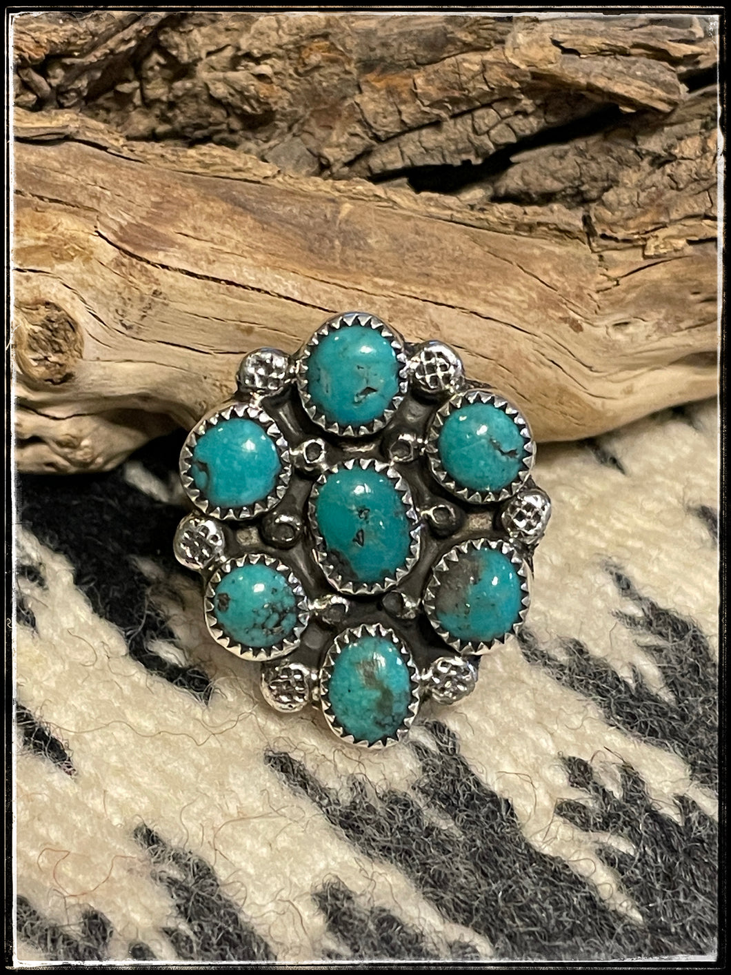 Priscilla Reeder, sterling silver and turquoise cluster ring, sz. 8