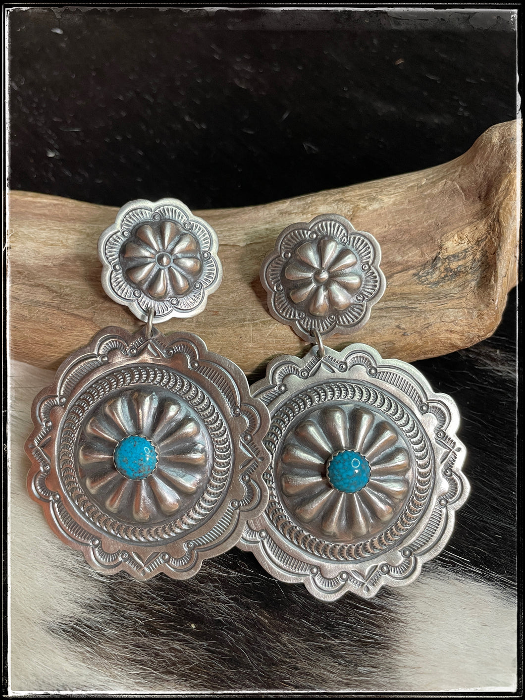 Arnold Blackgoat sterling silver concho earrings with turquoise