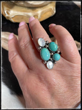 Load image into Gallery viewer, Sterling silver, Mother of Pearl, and Campitos turquoise cluster ring Sz. 8
