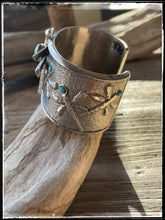 Load image into Gallery viewer, Gary Custer sterling silver and turquoise tufa cast dragonfly cuff
