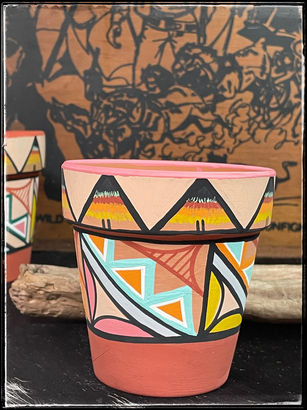Joseph Chinana, Jemez Puebloe artist hand painted terra cotta pots - pink rim