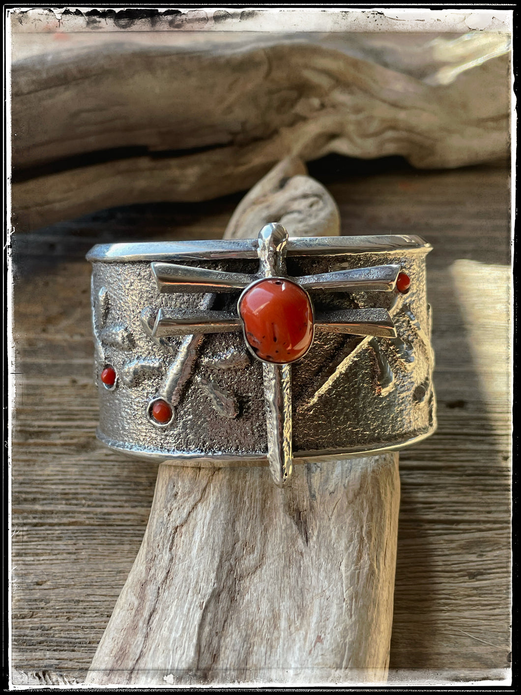Gary Custer sterling silver and coral tufa cast dragonfly cuff