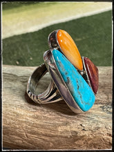 Load image into Gallery viewer, Sterling silver ring with turquoise, orange and purple spiny oyster
