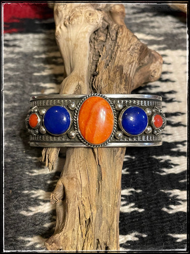 Happy Piasso sterling silver, lapis, spiny oyster shell, and coral cuff