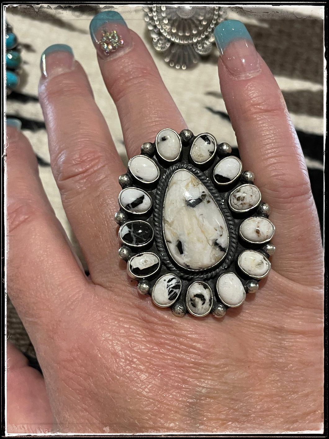 Leon Martinez sterling silver and white buffalo large cluster ring