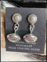 Load image into Gallery viewer, Hand stamped, hand made button post and drop bead earrings
