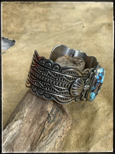 Load image into Gallery viewer, Darrell Cadman sterling silver and Golden Hills turquoise cuff
