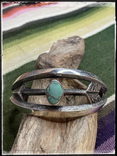 Load image into Gallery viewer, Kevin Yazzie sterling silver and turquoise tufa cast arrow cuff
