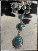 Load image into Gallery viewer, Ernest &quot;Bo&quot; Reeder Navajo silversmith. Hubei turquoise Y necklace and earring set
