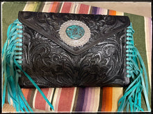 Load image into Gallery viewer, Tooled Leather &amp; Hubei Turquoise Concho Envelope Clutch
