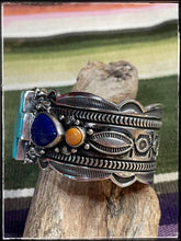 Load image into Gallery viewer, Happy Piasso sterling silver, Kingman turquoise, lapis, and spiny oyster cross cuff
