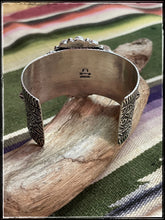 Load image into Gallery viewer, Darryl Becenti sterling silver, sleeping beauty turquoise and spiny oyster cuff - hallmark
