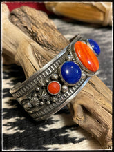 Load image into Gallery viewer, Happy Piasso sterling silver, lapis, spiny oyster shell, and coral cuff
