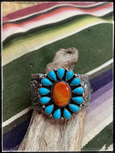 Load image into Gallery viewer, Darryl Becenti sterling silver, sleeping beauty turquoise and spiny oyster cuff

