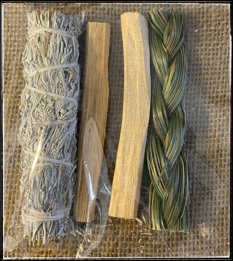 Desert sage, Palo Santo, and braided Sweetgrass smudge kit