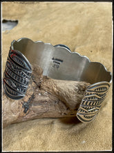 Load image into Gallery viewer, Darrell Cadman sterling silver and Golden Hills turquoise cuff - hallmark
