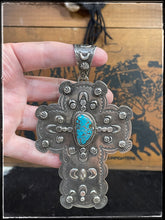 Load image into Gallery viewer, Dean Sandoval sterling silver xl cross pendant with center turquoise stone
